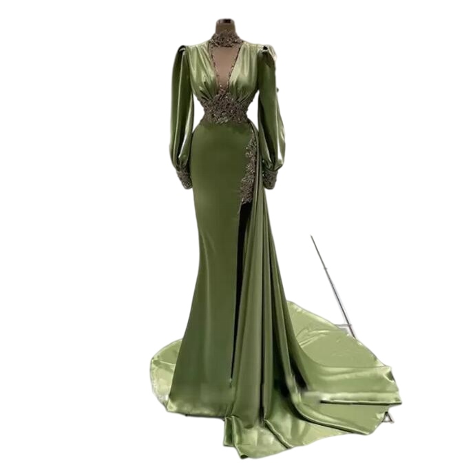 High Neck Green Evening Dresses Crystal Split Side Train Celebrity Mermaid Long Prom Dress T Shirt Sleeve Arabic Dubai gown