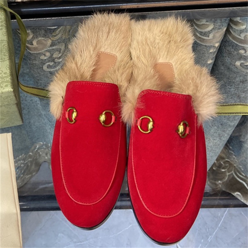 Pantoufles de mode Mule Chaussures Diapositives Designer Femmes Sandales Demi Drag Automne Hiver Mousse Bulle Boucle Mors Lapin Cheveux Métal Plat Cuir Princetown Tongs