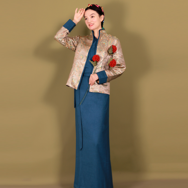 Asiatiska etniska kl￤der vintage kl￤nning Elegant tibetansk mantel traditionell kvinnor orientalisk vestido antik m￶nster dr￤kt