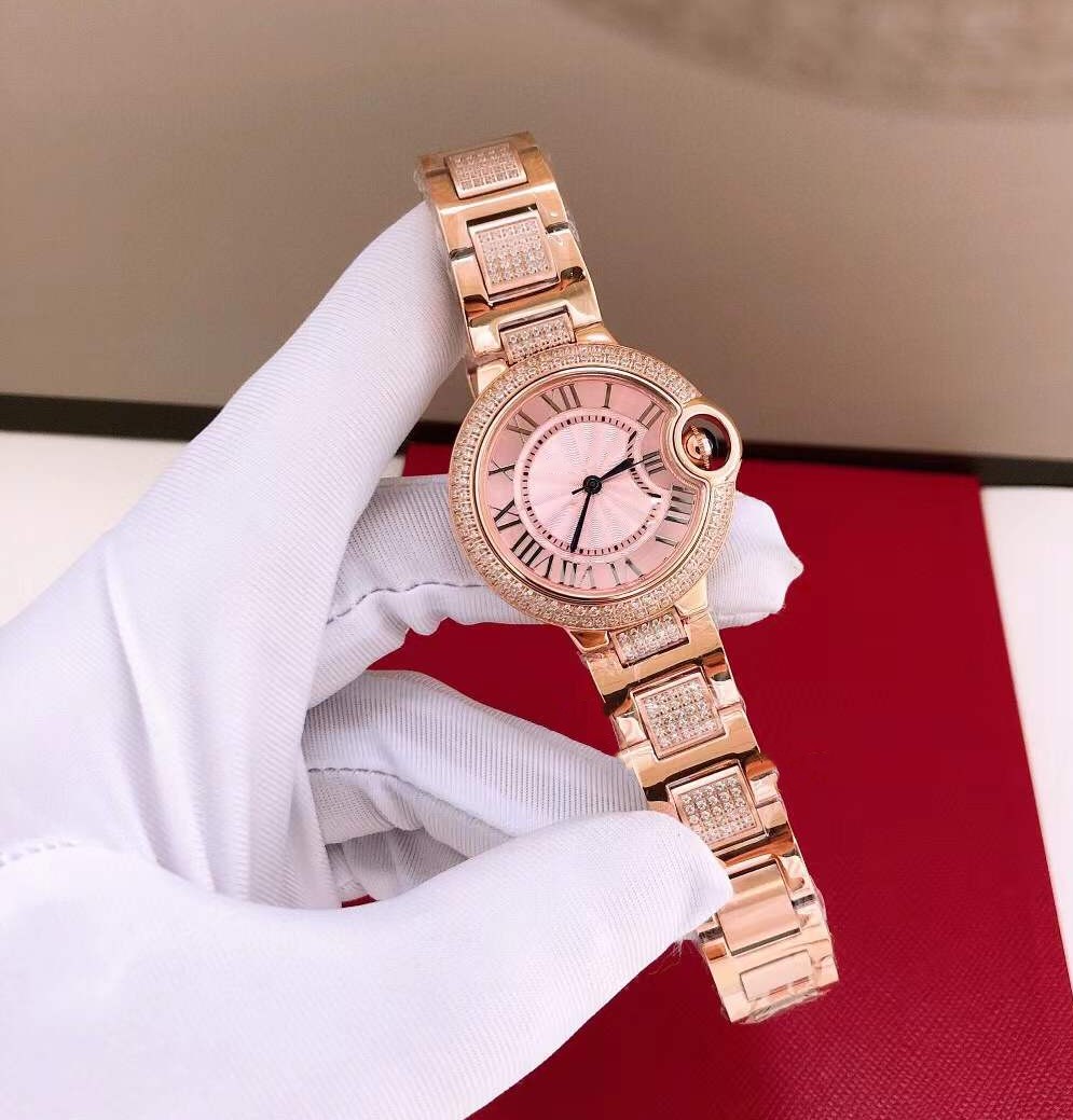 Charm Women Stainless Steel Quartz Watch Roman Number Square Diamond WristWatch Female Zircon Strap Geometric Circle Watches Pink Dial 33mm