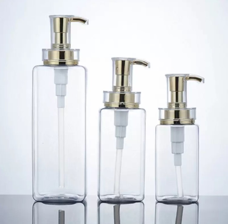 Üst düzey şampuan kare şişeler şeffaf/beyaz plastik boş şişe elektroliz altın pompa duş jel losyon pompası alt şişe