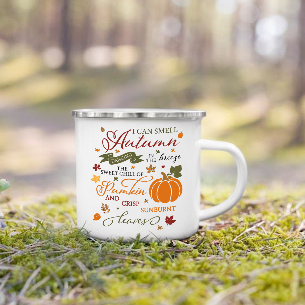 Mugs Hello Pumpkin Leaves Printed Enamel Mugs Coffee Cups Fall Thanksgiving Party Wine Juice Mug Dessert Cocoa Milk Handle Cup Gifts 221025