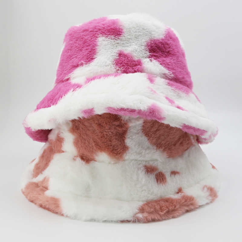 Banie / Caps de crâne Femmes Fashion Cow Imprimer Bucket Chapeaux Femmes Hiver Outdoor Faux Faux Pêcheur Pêcheur Panama Panama Velvet Soft Furry Sun Hat T221020