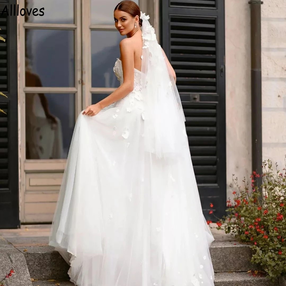 Appliques de dentelle florale blanche une ligne robes de mariée avec manches amovibles romantique tulle Boho jardin robes de mariée sexy fendu côté dos nu Robes de Mariee CL1310