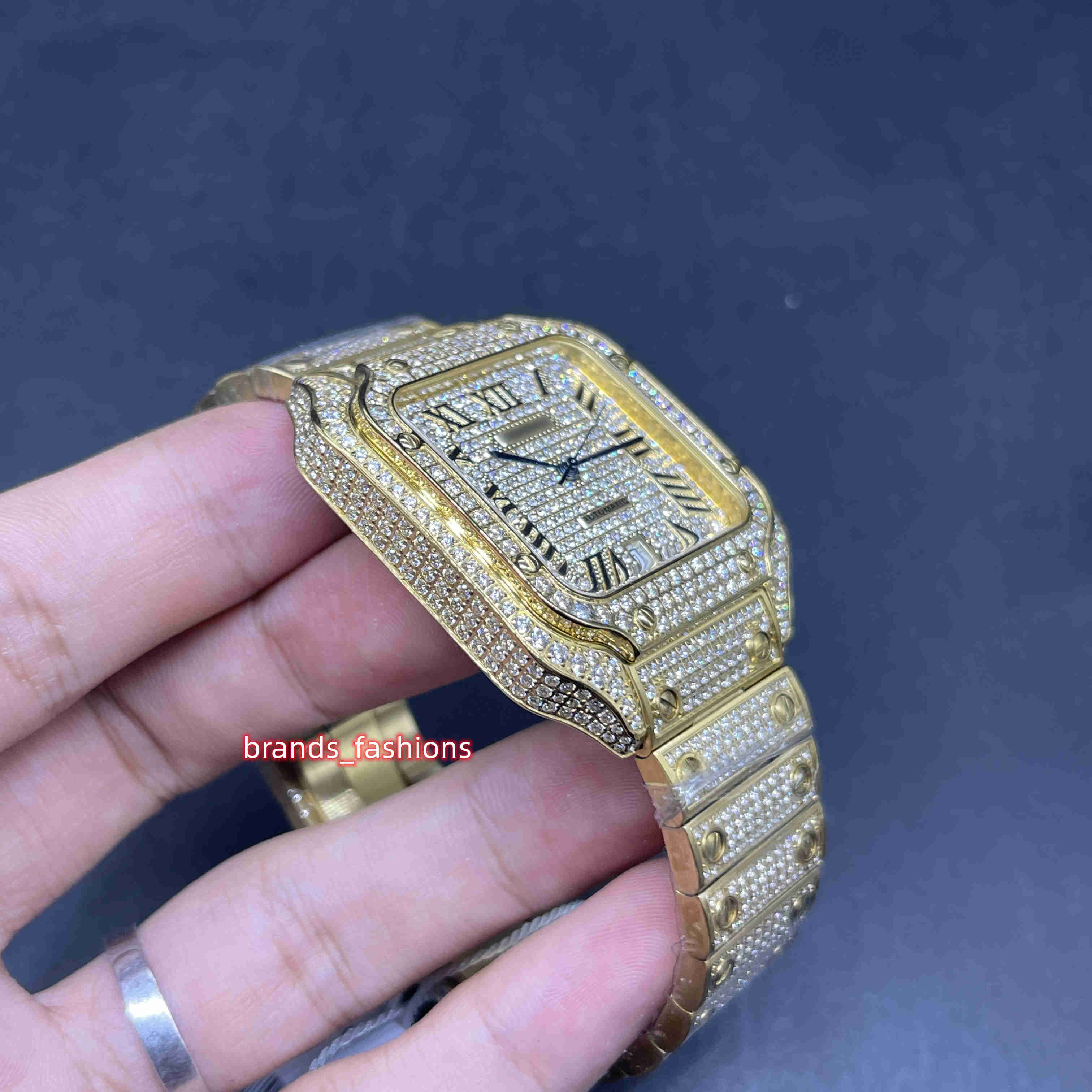 Montre automatique pour hommes, diamants glacés, or jaune, boîtier en acier inoxydable, plein de diamants, bonne brillance, 316y