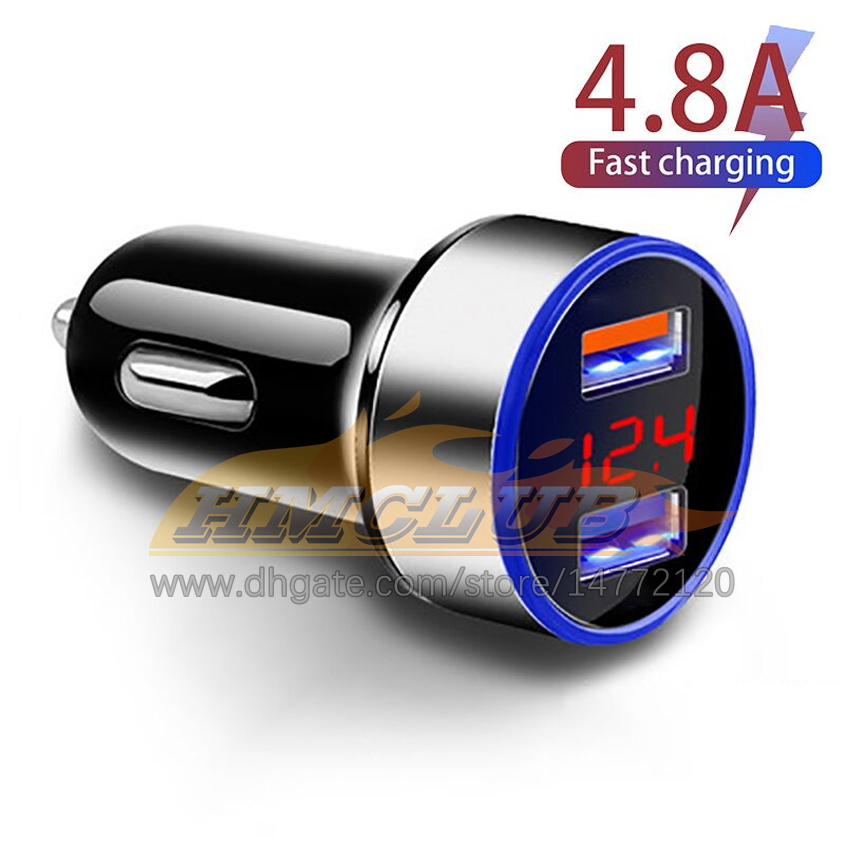 4.8A 5V 차량 충전기 2 포트 삼성 화웨이 아이폰 11 8 플러스 범용 알루미늄 듀얼 USB 차기 어댑터 충전기 자동차 전자 장치 무료 선박에 대한 빠른 충전