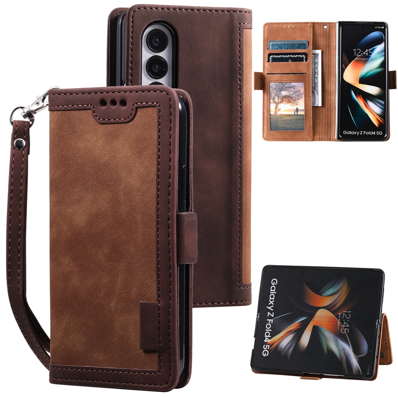 Zfold4 Case Business Hybrid Leather Wallet Case For Samsung Z Fold 4 5G Contrast Hit Color Credit ID Card slot H￥llare Flip Cover Men telefonp￥se med lanyard