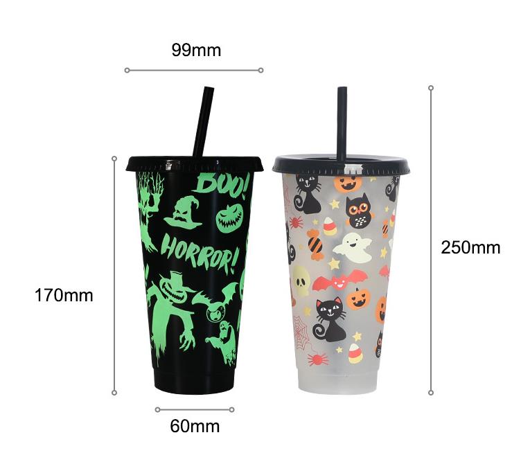 Creative Drinkware Cold Color Changing Plastic Cups Halloween Decoration Juice Cup med lock och halm julklappar SN4998