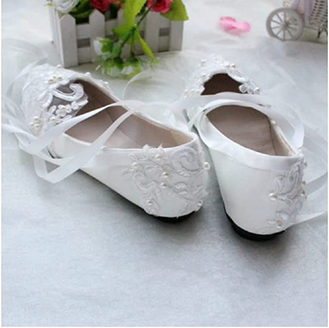 White Mary Jane Lace Pearls Wedding Shoes for Brides with Ribbon Strappy Bridal Shoes Low Heel Handmade Handmed Mostic Sice Ladies Flafit AL2497