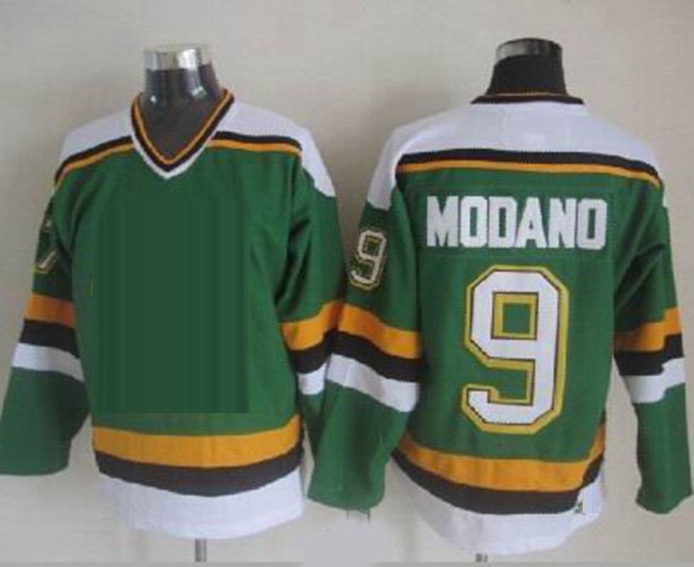 Maillots de hockey du Nord Vintage pour hommes 9 Mike Modano 20 Dino Ciccarelli 7 Neal Broten 23 Brian Bellows 4 Craig Hartsburg 30 Jon Casey 11 JP PARISE Maillot vert cousu blanc