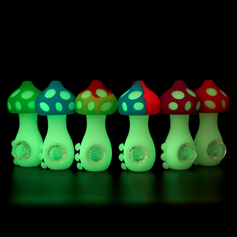 4.3inch Mushroom Hand Pipes With Glass Bowl Glow In Dark Colored Food Grade Unique Silicone Tobacco Spoon Pipe Dab Rig Water Bongs