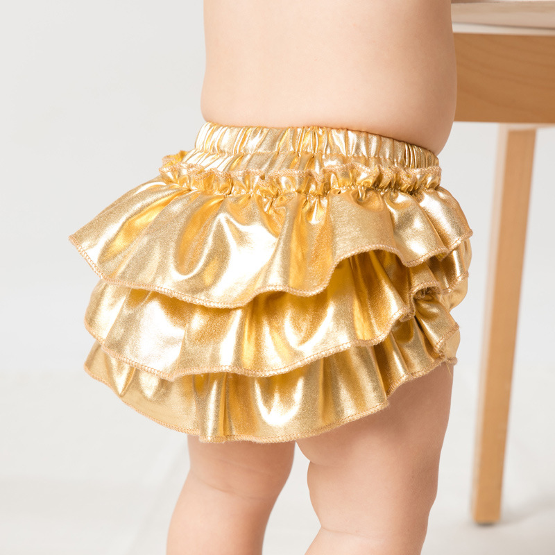 Pantaloncini pantaloncini con volant dorato bambina 0-24 mesi Pagliaccetto in cotone neonato Set di abbigliamento Pantaloni Scarpe Fascia capelli