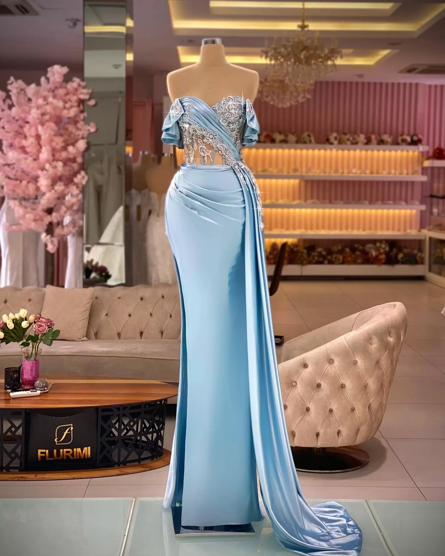 2023 Sexy Mermaid Prom Dresses Light Sky Blue Off Shoulder Illusion Plus Size Arabic Lace Appliques Crystal Beads Satin Side Split Evening Formal Party Dress