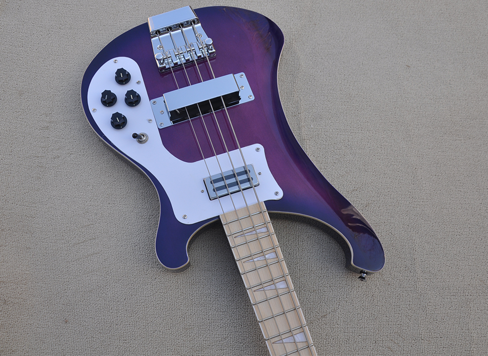 Guitare basse électrique violette 4 cordes avec manche en érable offrant un service personnalisé