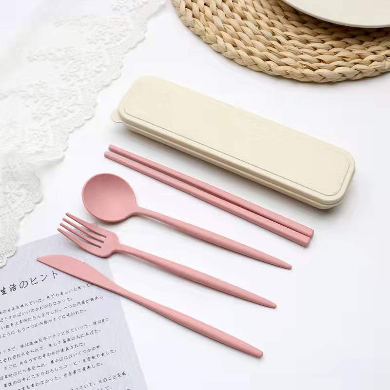 Cutlery Wheat Straw Spoon Fork Chopsticks With Box Students Tableware Travel Portable Dinnerware Kitchen Accessories