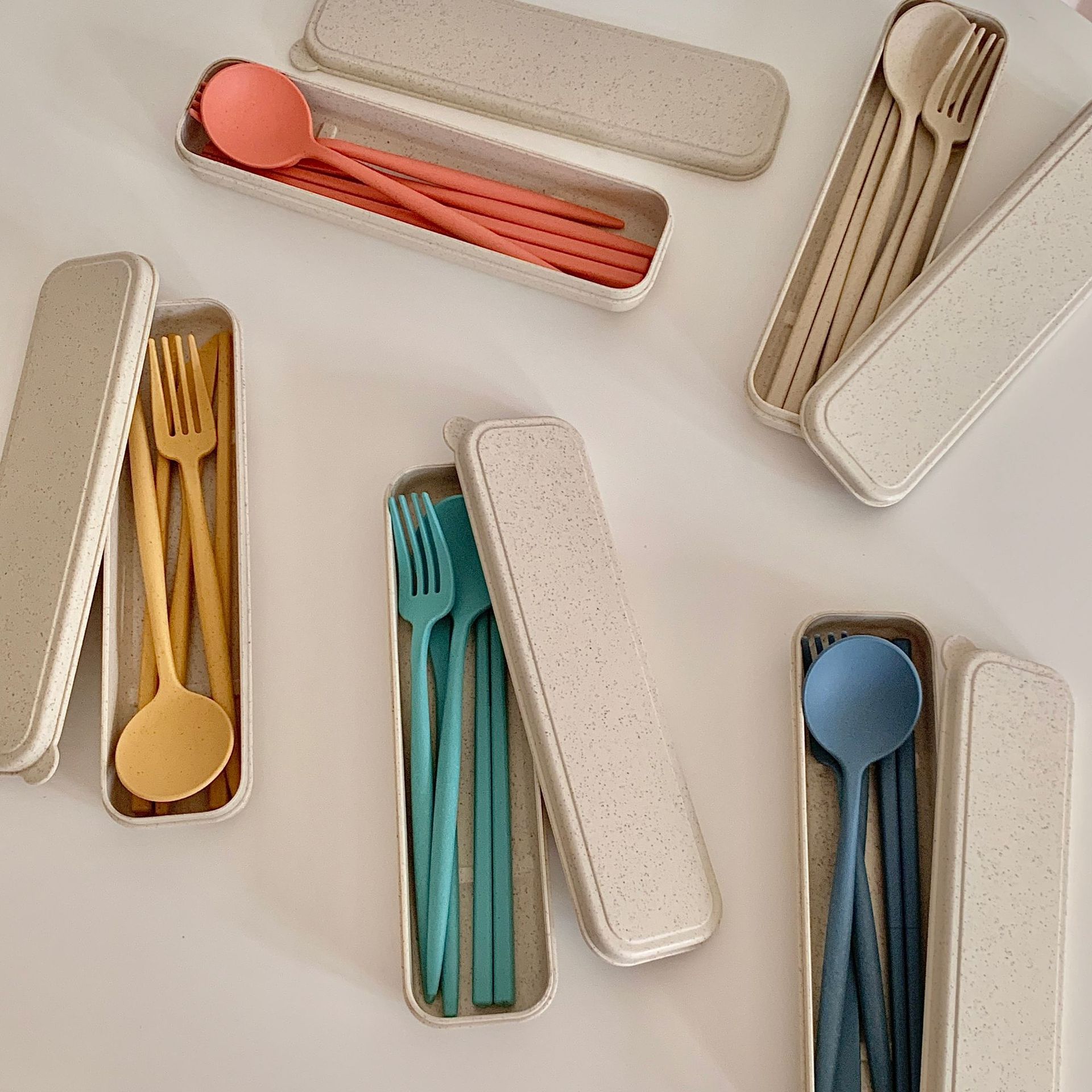 Cutlery Wheat Straw Spoon Fork Chopsticks With Box Students Tableware Travel Portable Dinnerware Kitchen Accessories