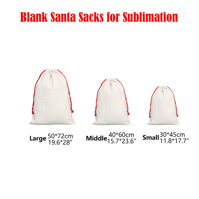 Beyaz boş Noel Baba Çuvalları Drawstring Noel dekorasyon süblimasyon diy tek katmanlı tuval hediye çantası büyük kapasiteli şeker oyuncak çantaları