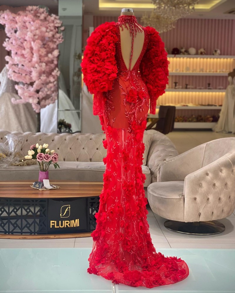 Robe de bal rouge à fleurs 3D pour femmes, manches longues, tenue de soirée, style sirène, col haut, 2023