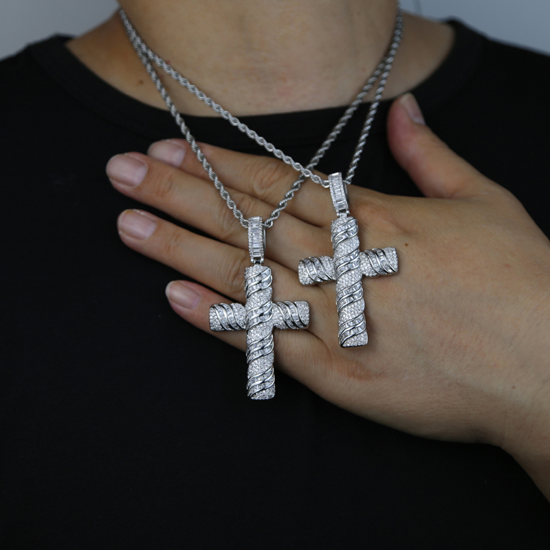 Nieuwe stijlen Silver Cross hanglanke ketting met CZ verharde hiphop kettingen JUwery met touwketen tennisketens voor vrouwelijke mannen Punk S247Y