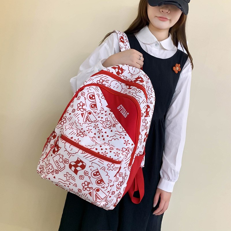 5pcs School Bags Student Nylon Cartoon Prints Large Capacity Solid Backpack Bag