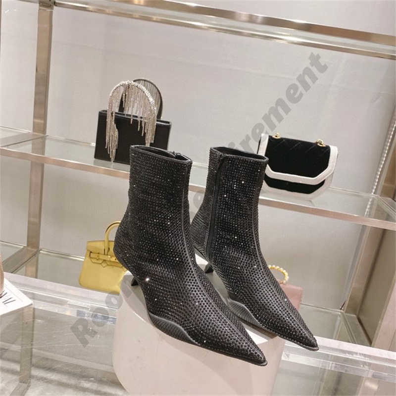 Diamant coloré talon de chat bottes à talons hauts bottines plissées pompes femmes en cuir brillant diamant designer bouts pointus chaussures de mode stiletto