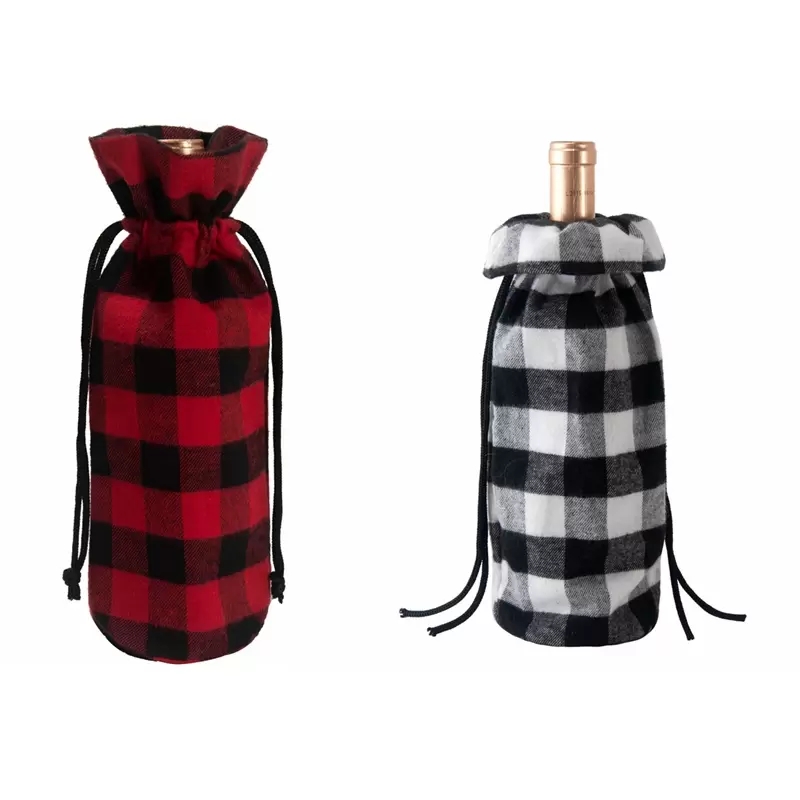 New Christmas Plaid Wine Bottle Bags Coulisse Red Plaid Wine Bottles Cover Gift Bag Decoration