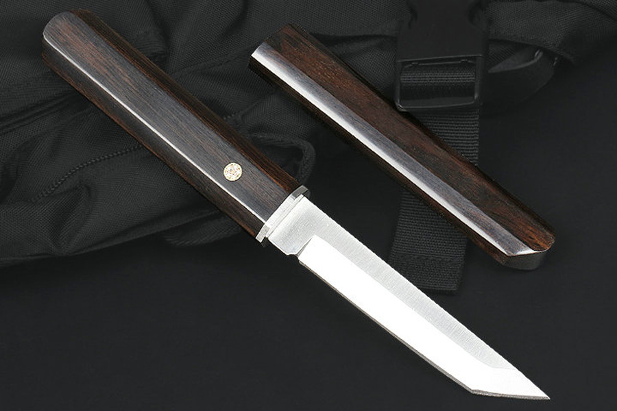 Precio de fábrica M6681 Cuchillo recto de supervivencia D2 Tanto Point Hoja de satén Ébano con mango de cabeza de acero Cuchillos tácticos de hoja fija que incluyen funda de madera