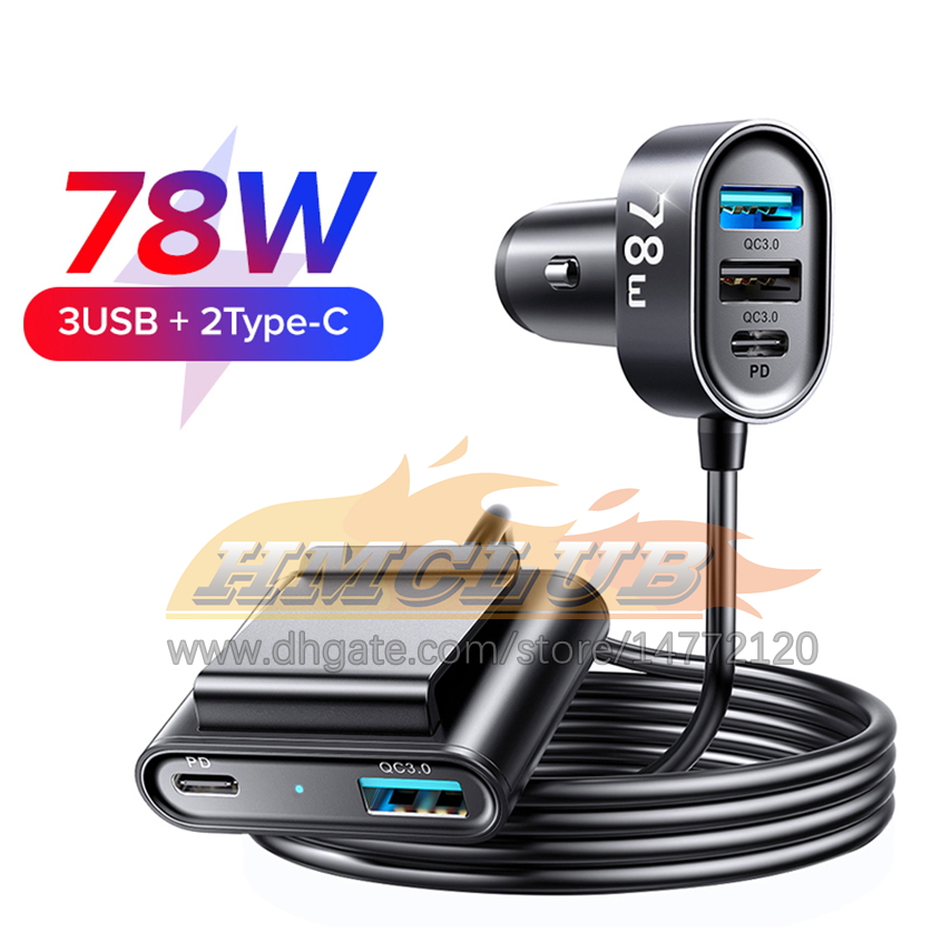 2022 78W 5 em 1 Carregador de carro Fast USB Chargers PD 3.0 QC 4.0 PPS 25W Tipo C Adaptador de carga de v￡rios carros com 1,5m de carregamento de cabo Eletr￴nica de carros de carros