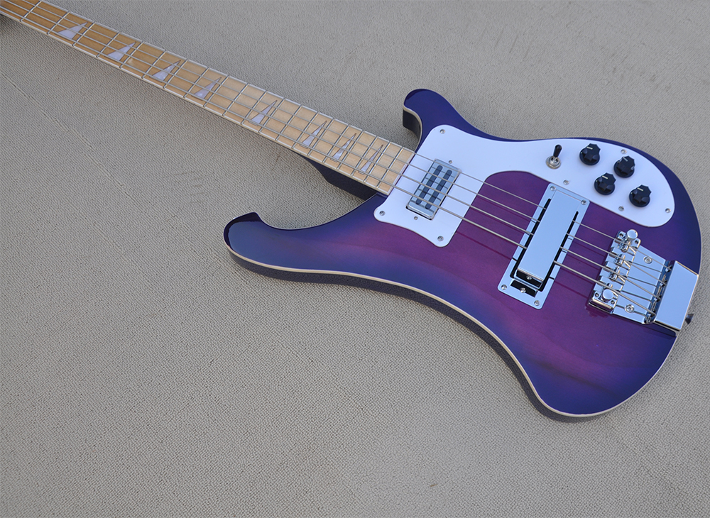 Guitare basse électrique violette 4 cordes avec manche en érable offrant un service personnalisé