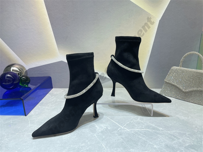 Lyxiga designers ankelstövlar klänning sko lårhög boot fårskinn kristall diamantkedja kväll slingback läder pumpar 8,5 cm höga klackar punkt-tå skor