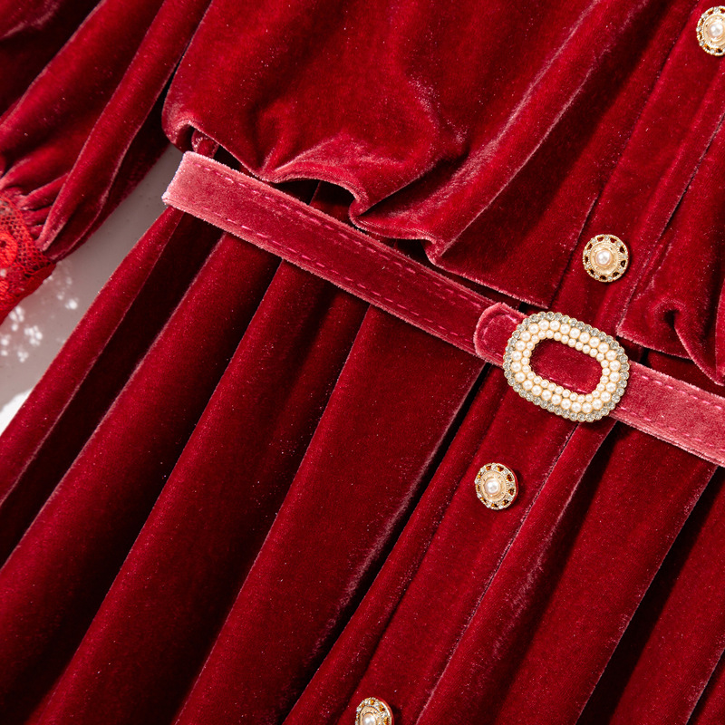 2022 Autumn V Szyjka koronkowa stała kolorowa sukienka z paskiem czarno-czerwoną latarnią panelowe panele średnie midiowe sukienki Y2O176612