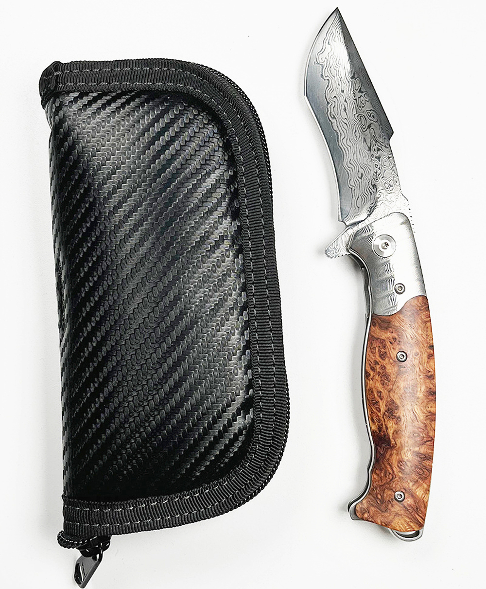 Promotion R1023 Flipper Folding Knife VG10 Damascus Steel Drop Point Acid Etched Blade Shadow Wood with Steel Head Handle Ball Bearing EDC Pocket Knives