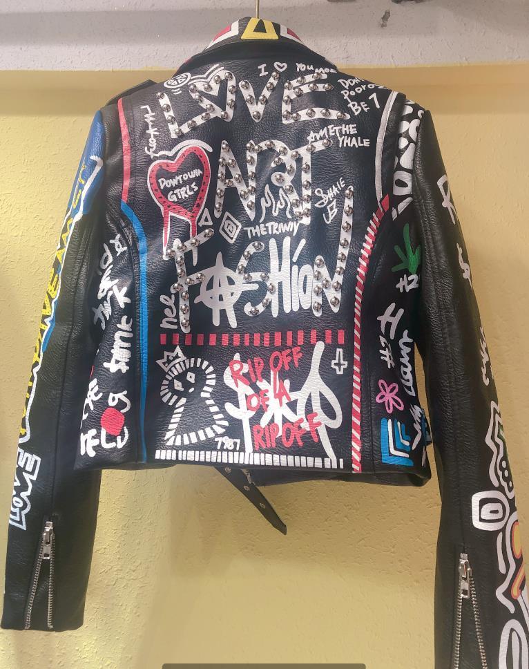 Kadın Ceketler Perçin Boncuk PU Deri Ceket Kadın Graffiti Renkli Baskı Bisikletçisi ve Katlar Punk Street Giyim Ceket 221026