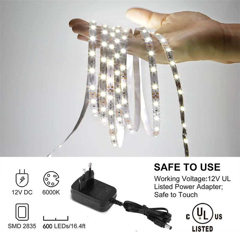 164 قدمًا 5M LED LED Strip Lights 600leds 2835 TAPE TAPE LIGHT مع محول الطاقة للمطبخ المنزلي تحت ضوء النهار غرفة نوم الخزانة 8145622