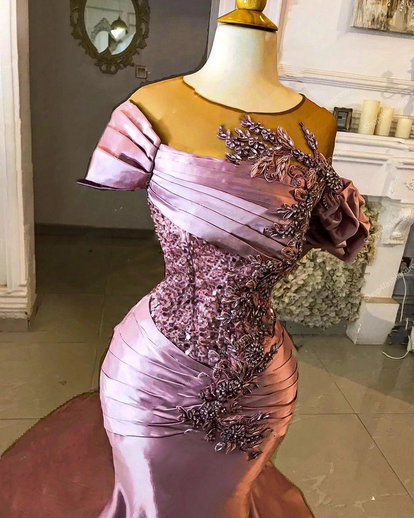 Pale Pink Beading Mermaid Evening Dresses 2023 Pleated Sheer O Neck Plus Size Arabic Aso Ebi Prom Dress African