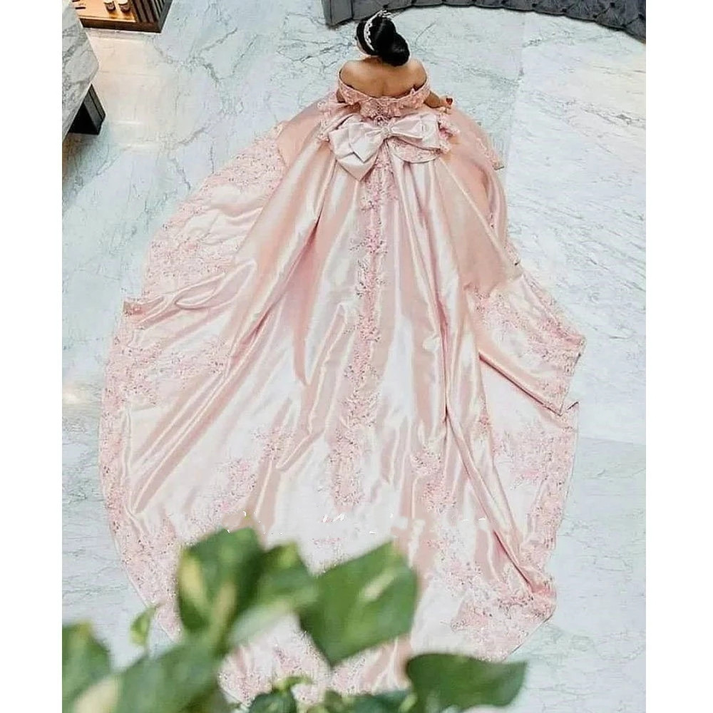 Pink Princess Bow Back Corset Quinceanera Dress Ball Gown 3D Flowers Appliques Ruffles Sweet 16 Vestidos De XV Anos