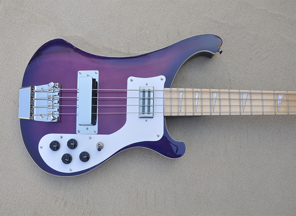 Guitare basse électrique violette 4 cordes avec manche en érable offrant un service personnalisé