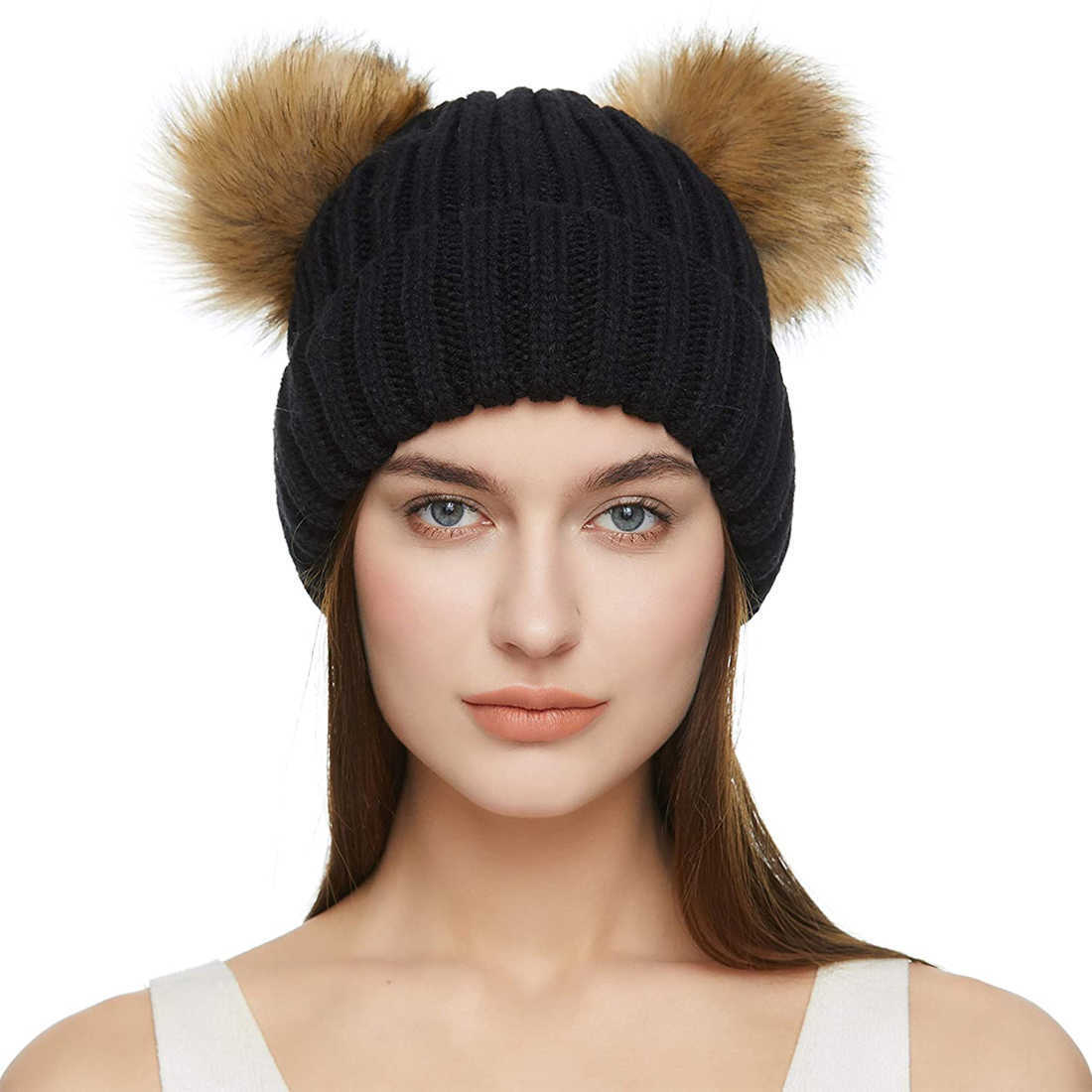 Beanie/Skull Caps Beanie/Skull Caps Winter Beanie Hat For Women Sticked Double Pom Faux Fur Raccoon Ball Cap Bobble Skull Hat T221020