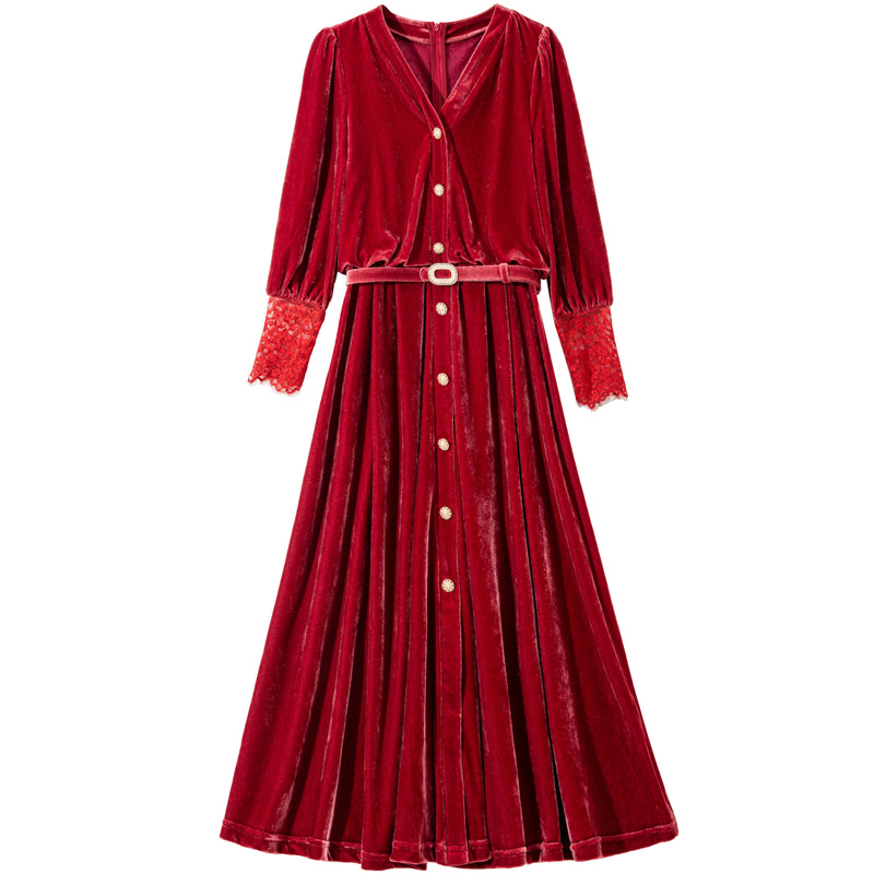 2022 Autumn V Neck Lace Solid Color Belted Dress Black / Red Lantern Sleeve Panelled Mid-Calf Midi Casual Dresses Y2O176612