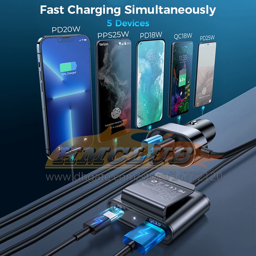 2022 78W 5-в-1 Автомобильное зарядное устройство быстрое USB Chargers PD 3.0 QC 4,0 PPS 25W Тип C Multi Car Adapter с 1,5-метровой кабельной зарядкой автомобильная электроника Бесплатный корабль