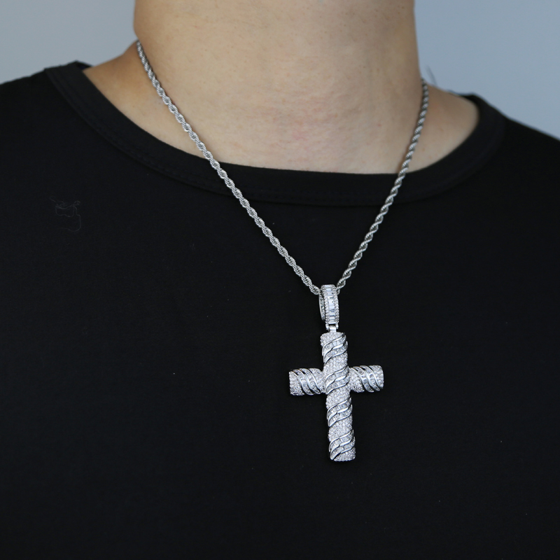 Nieuwe stijlen Silver Cross hanglanke ketting met CZ verharde hiphop kettingen JUwery met touwketen tennisketens voor vrouwelijke mannen Punk S247Y