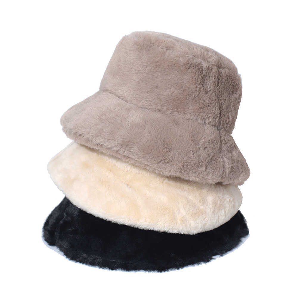 Beanie/Skull Caps Faux Fur Bucket Hat Winter Warm Soft Solid Thick Plush Bucket Hat Men Women Outdoor Fishing Caps Flat Top Panama Hats T221020