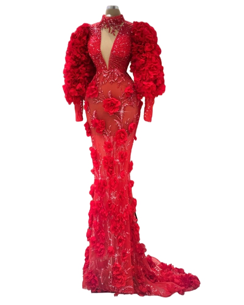 Robe de bal rouge à fleurs 3D pour femmes, manches longues, tenue de soirée, style sirène, col haut, 2023