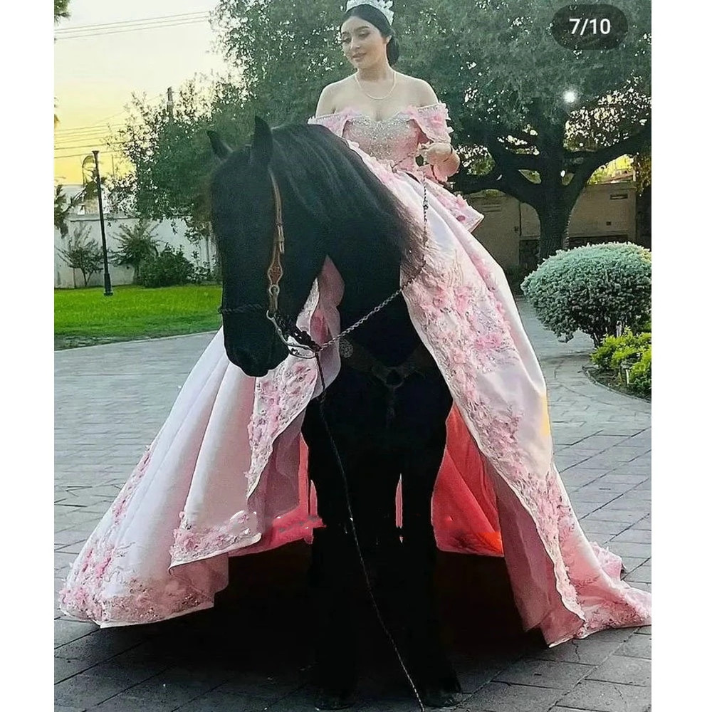 Pink Princess Bow Back Corset Quinceanera Dress Ball Gown 3D Flowers Appliques Ruffles Sweet 16 Vestidos De XV Anos