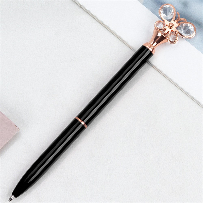 Glass Butterfly School Pen Metal Ballpoint Pen SPESS Black Writing Pennor för Student Rose Gold Stationery