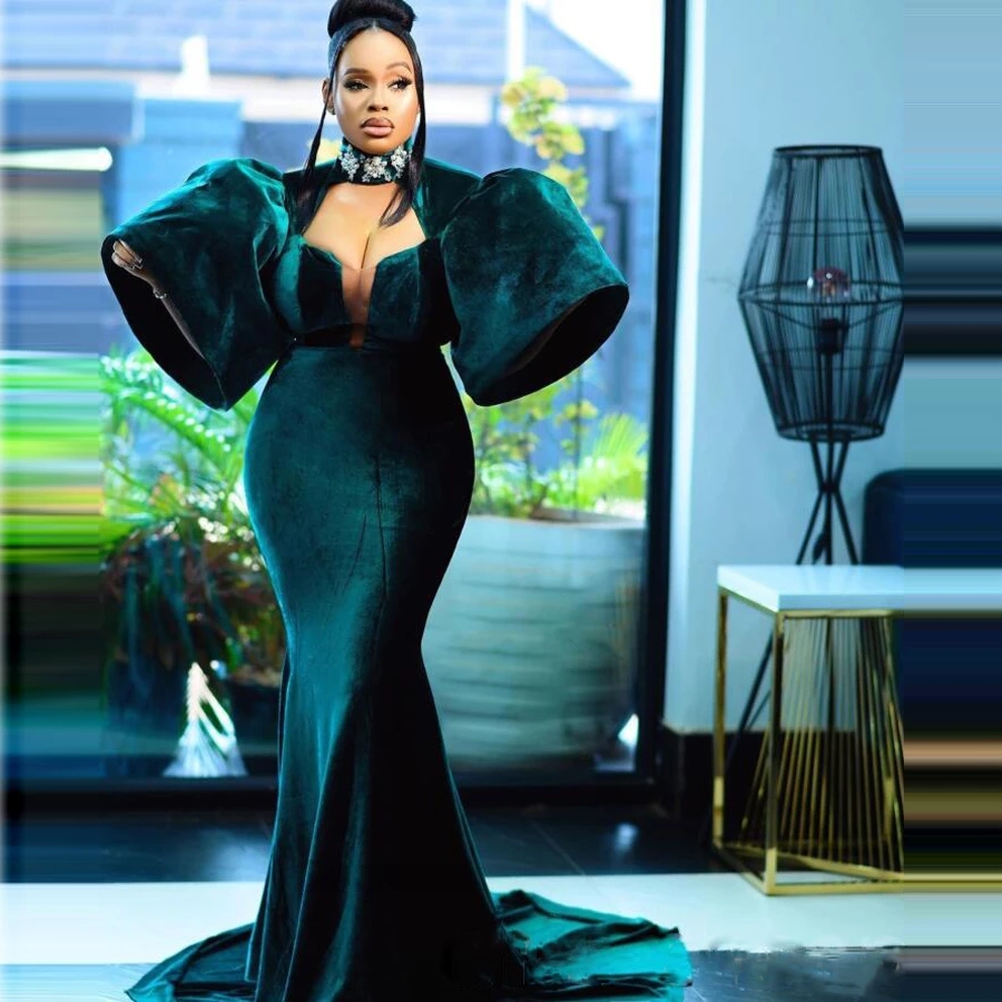 Green Velvet Puffy Half Sleeves Prom Dresses 2023 High Neck With Appliques Mermaid Evening Dress Aso Ebi Formal Women Party Gowns