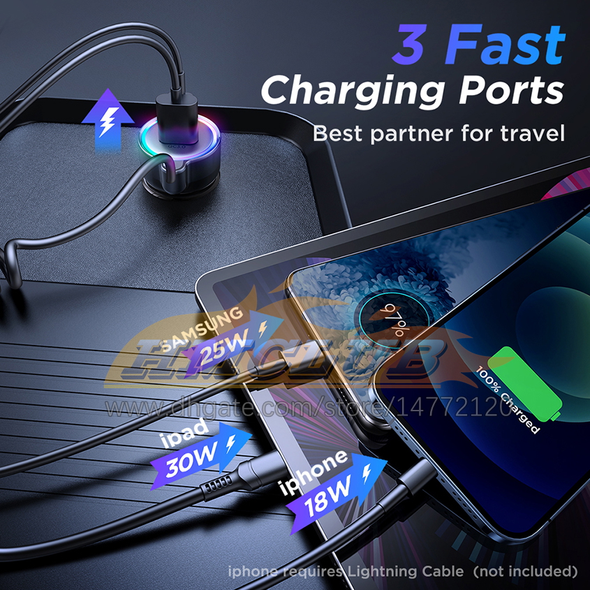 CC144 Chargeur de voiture USB C 55W Chargeur de voiture super rapide à 3 ports PD QC3.0 avec 1,5 m 30W Câble enroulé Super Fast Type C pour Samsung