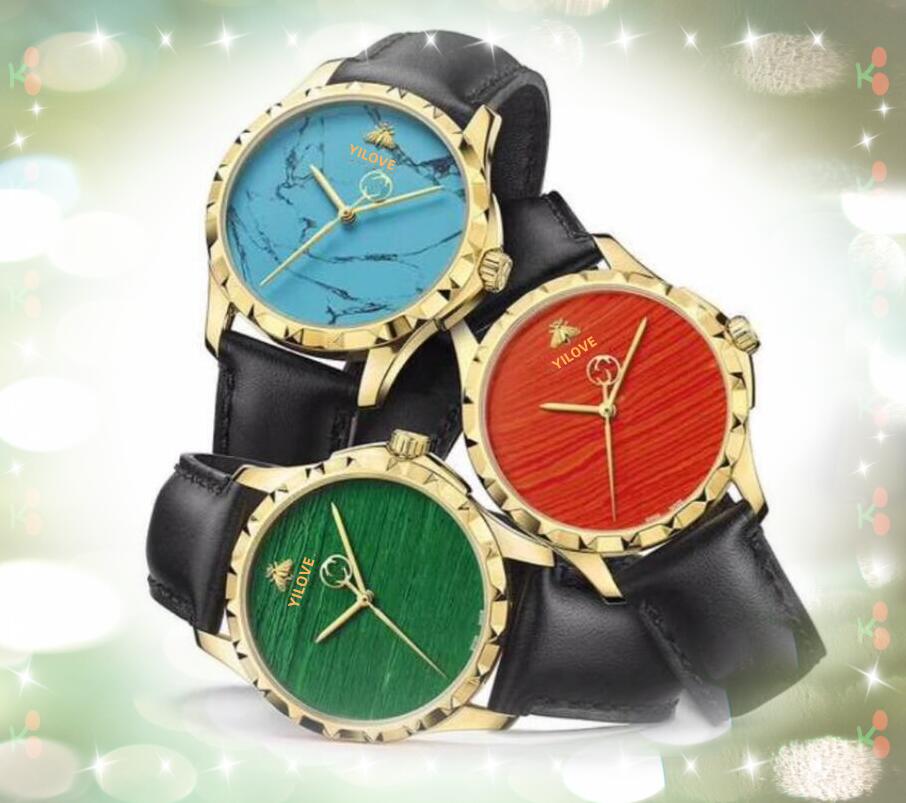 Beliebte Bienenuhren für Damen und Herren, 38 mm, All-The-Crime-Uhr, importierte Quarzbatterie, echter Ledergürtel, elegantes rotes, blaues, grünes Zifferblatt, Co323y