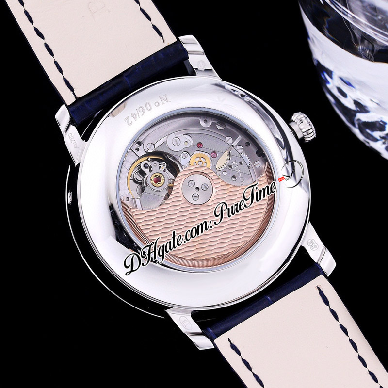 Villeret Quantieme Perpetuel 6656 A5954自動メンズウォッチTWFスチールケースブルーダイヤルシルバーローマーマーカーレザーストラップスーパーエディションA1