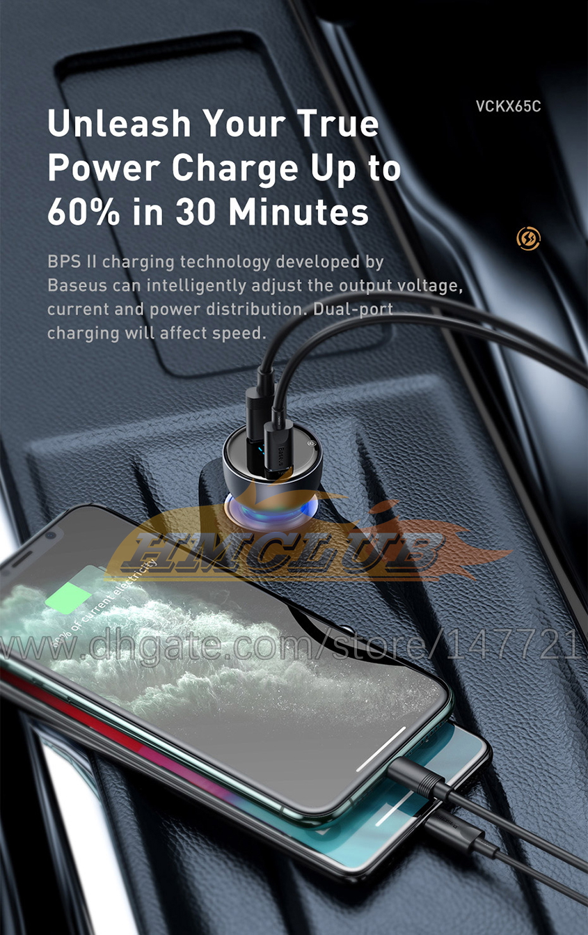 CC145 65W Carregador de carro PPS USB tipo C Dual PD PD QC Charging rápido para carregador de telefone translúcido de carro laptop para iPhone Samsung